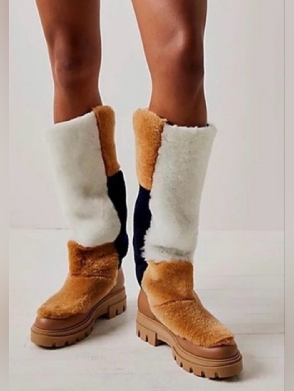 Free People Shearling Chunky Sole Knee Boots - Tan,  Dark Blue & White, Sz40